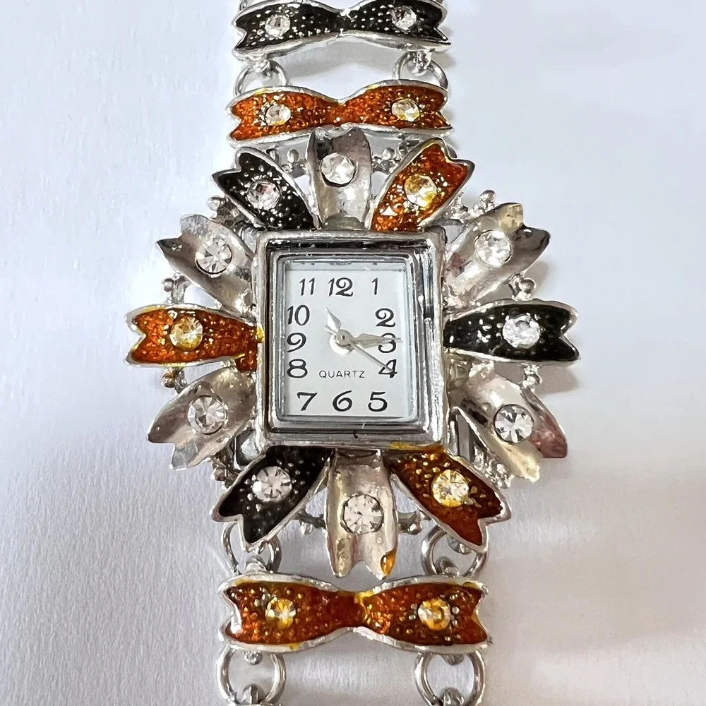 Women's Watch Floral‎ Brown/Black Silver Tone Bracelet Wristwatch 6.5 in